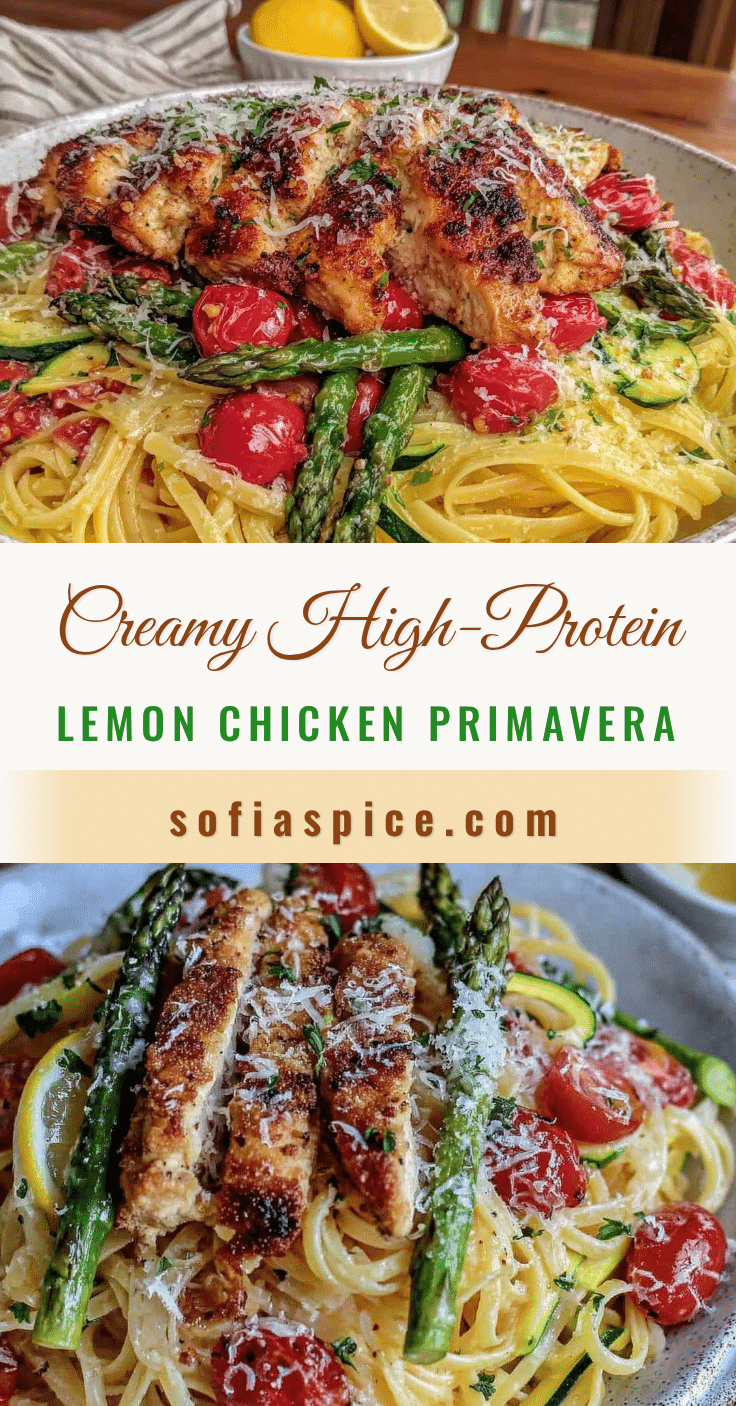 Healthy High-Protein Lemon Chicken Pasta Primavera recipe