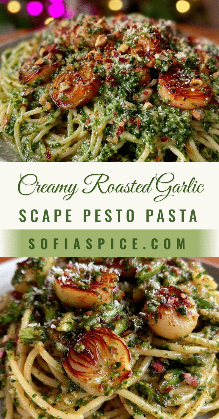 creamy roasted garlic scape pesto pasta recipe