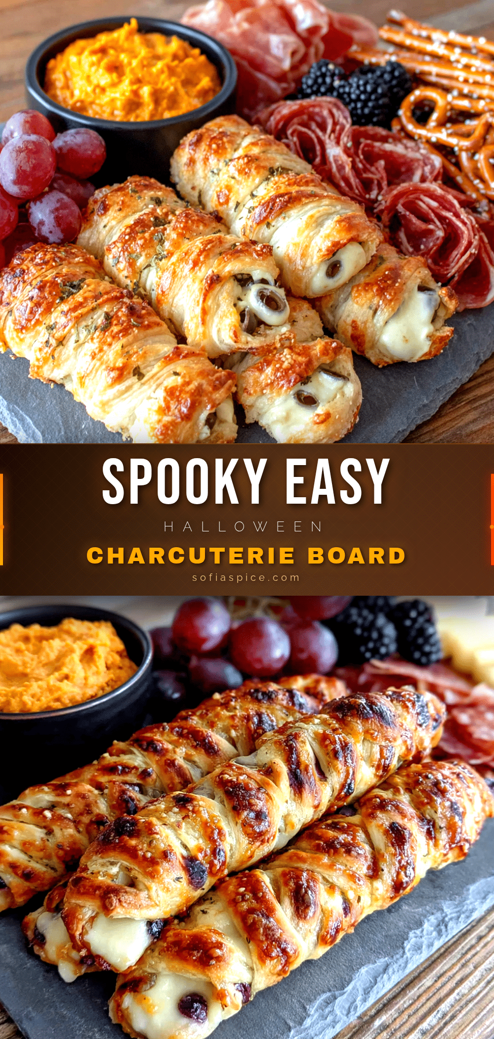 Easy Halloween Charcuterie Board with Mummy Cheese Sticks recipe